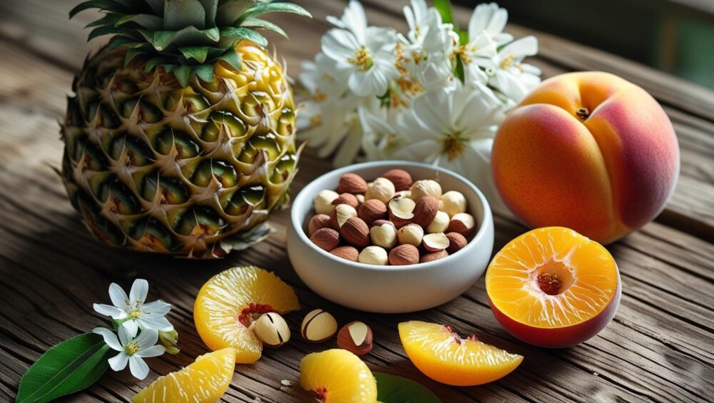 crea una foto realistica con una tavolo e sopra questi frutti_ ananas, fiori bianchi, mandorle e nocciole fresche appena sbucciate, venature agrumate, pesca noce,